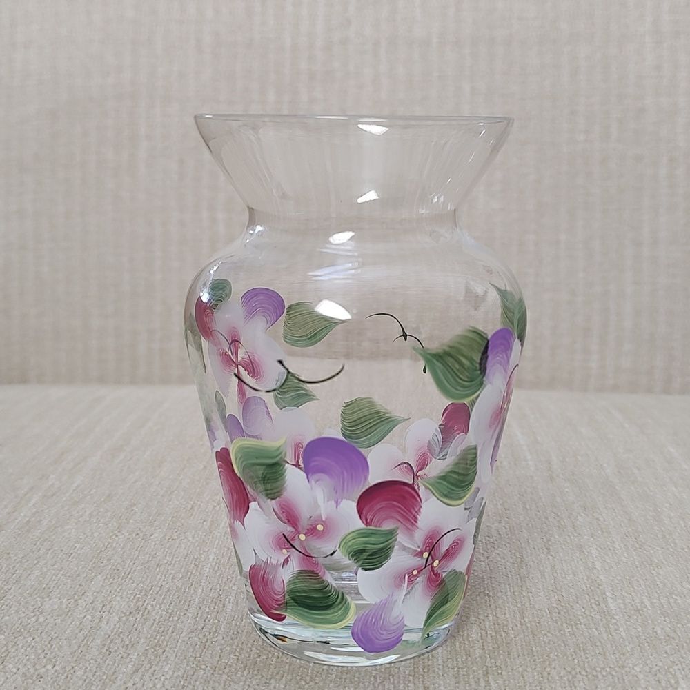 Hand Painted Floral Glass Vase Artist Signed Vintage